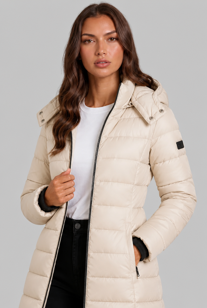 Cappotto Donna Imbottito al Ginocchio Slim con Cappuccio