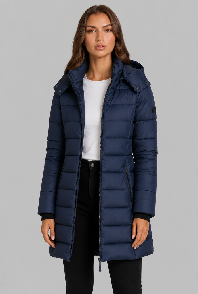 Cappotto Donna Imbottito al Ginocchio Slim con Cappuccio