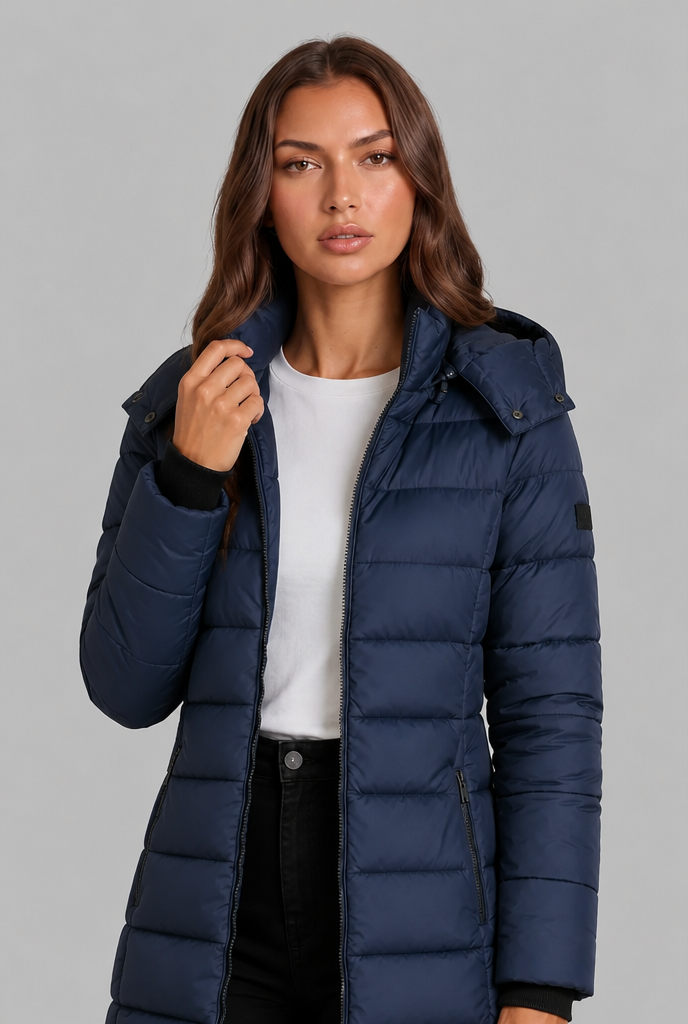 Cappotto Donna Imbottito al Ginocchio Slim con Cappuccio