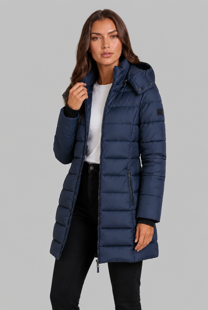 Cappotto Donna Imbottito al Ginocchio Slim con Cappuccio