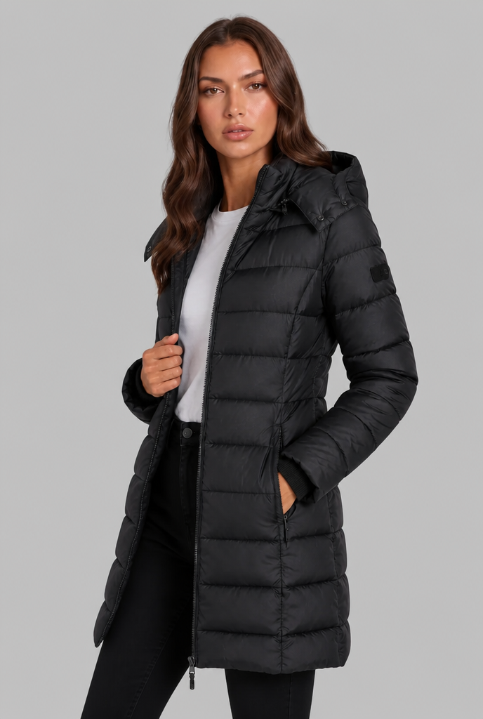 Cappotto Donna Imbottito al Ginocchio Slim con Cappuccio