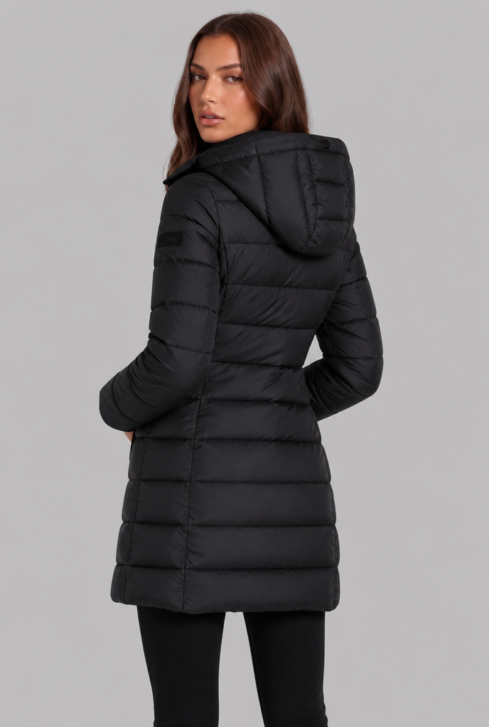 Cappotto Donna Imbottito al Ginocchio Slim con Cappuccio