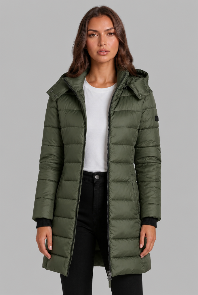 Cappotto Donna Imbottito al Ginocchio Slim con Cappuccio
