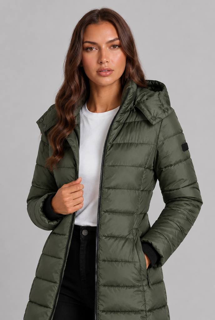 Cappotto Donna Imbottito al Ginocchio Slim con Cappuccio