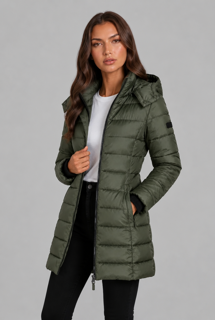 Cappotto Donna Imbottito al Ginocchio Slim con Cappuccio