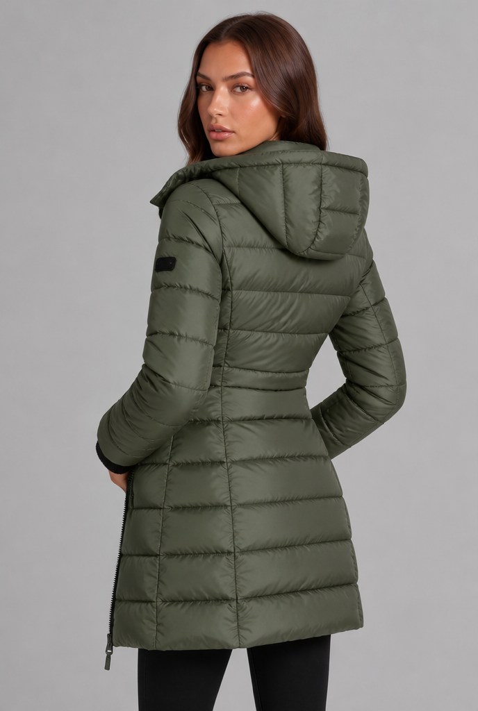 Cappotto Donna Imbottito al Ginocchio Slim con Cappuccio