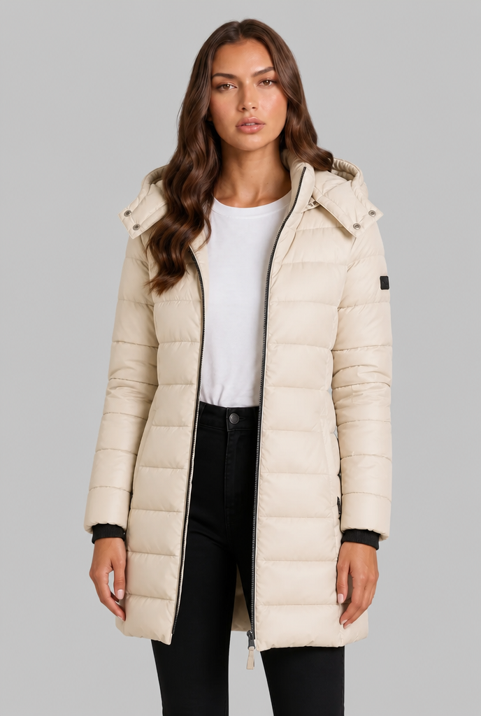 Cappotto Donna Imbottito al Ginocchio Slim con Cappuccio