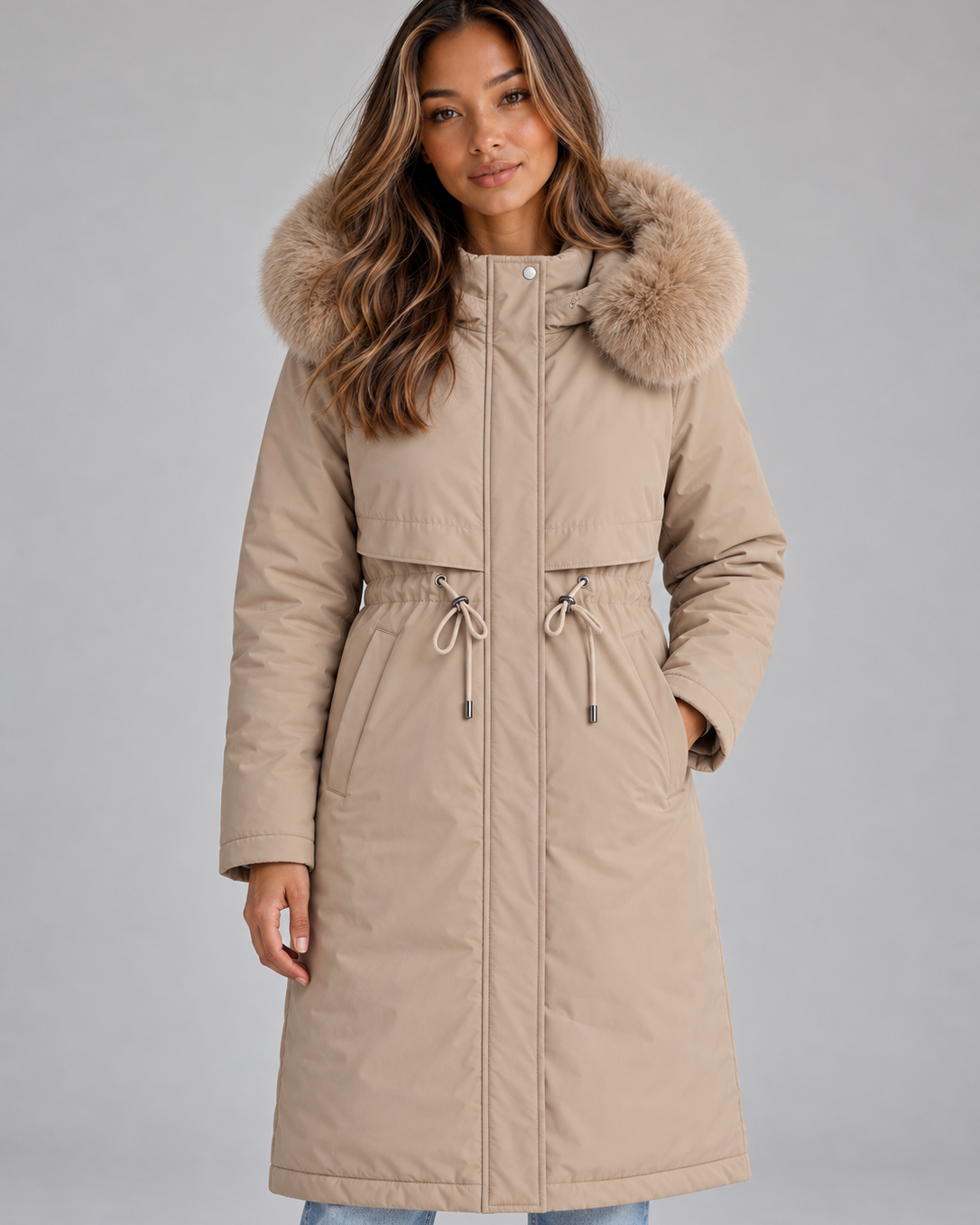 Cappotto Donna Lungo Cappuccio Interno Peluche Bordo Pelliccia
