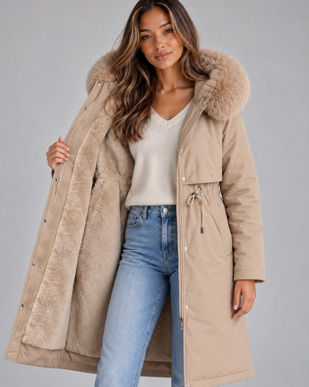 Cappotto Donna Lungo Cappuccio Interno Peluche Bordo Pelliccia