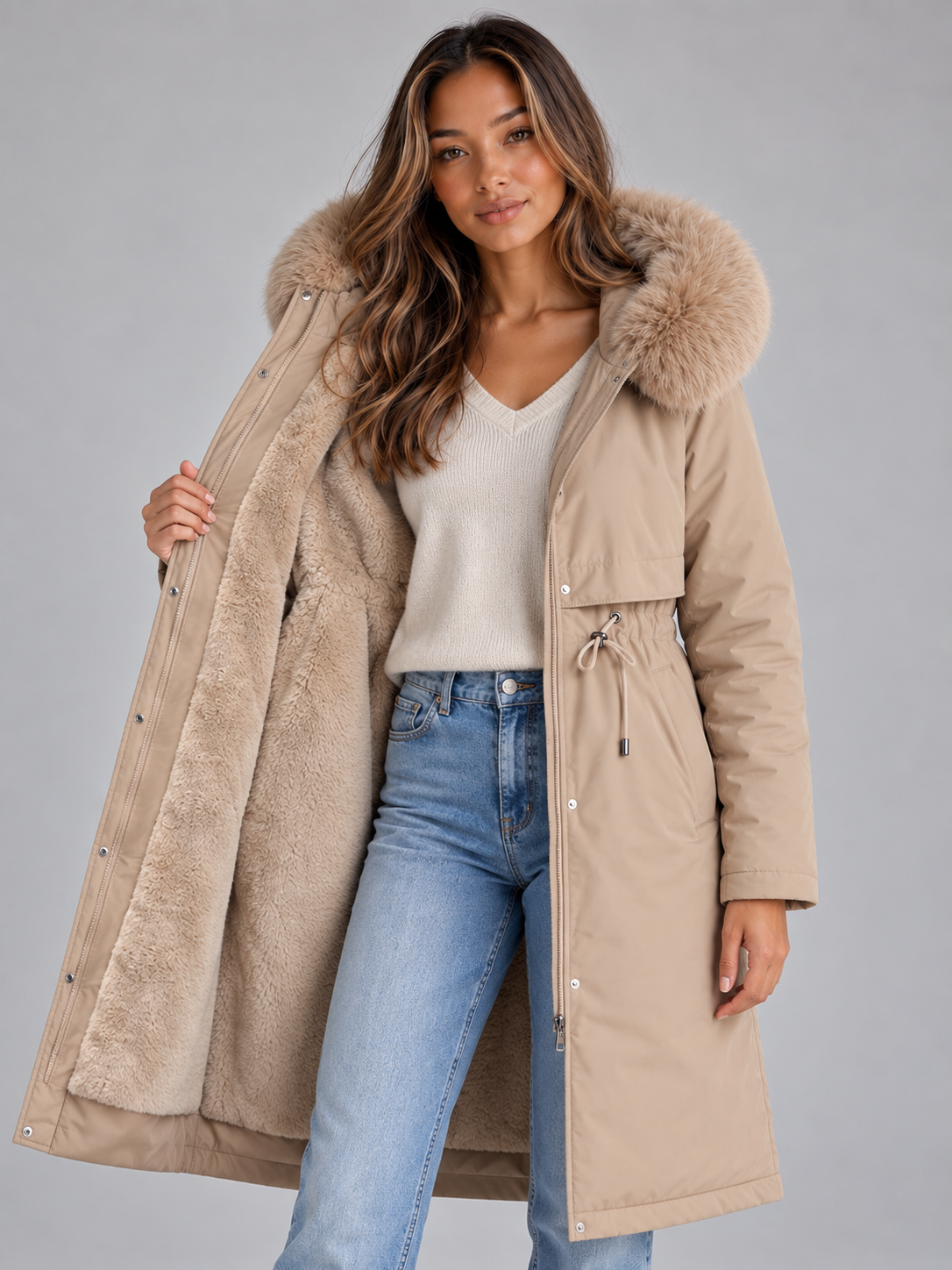 Cappotto Donna Lungo Cappuccio Interno Peluche Bordo Pelliccia