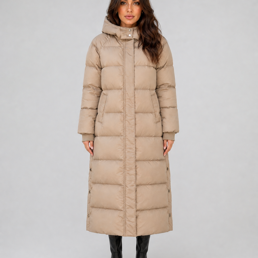 Cappotto Donna Imbottito Lungo con Cappuccio e Collo Alto