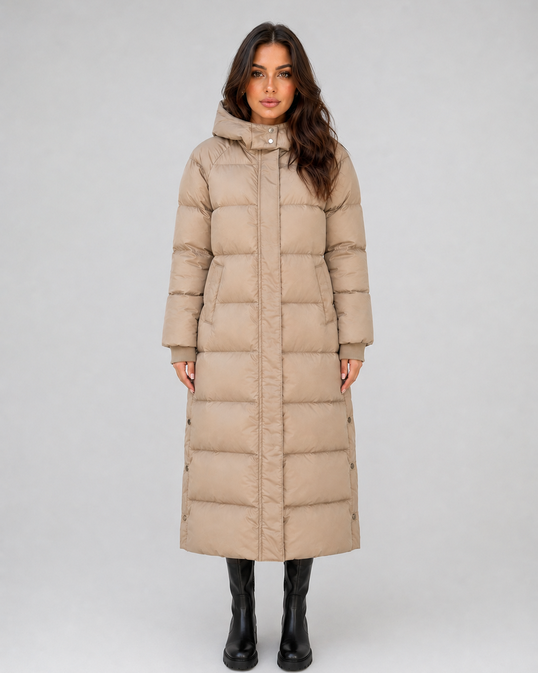 Cappotto Donna Imbottito Lungo con Cappuccio e Collo Alto