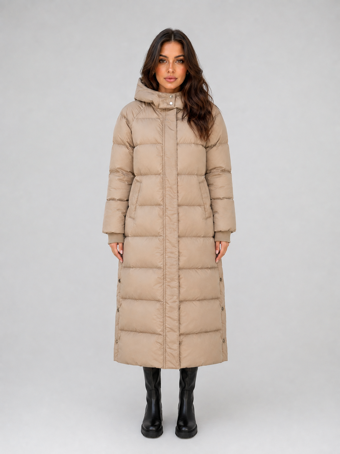Cappotto Donna Imbottito Lungo con Cappuccio e Collo Alto