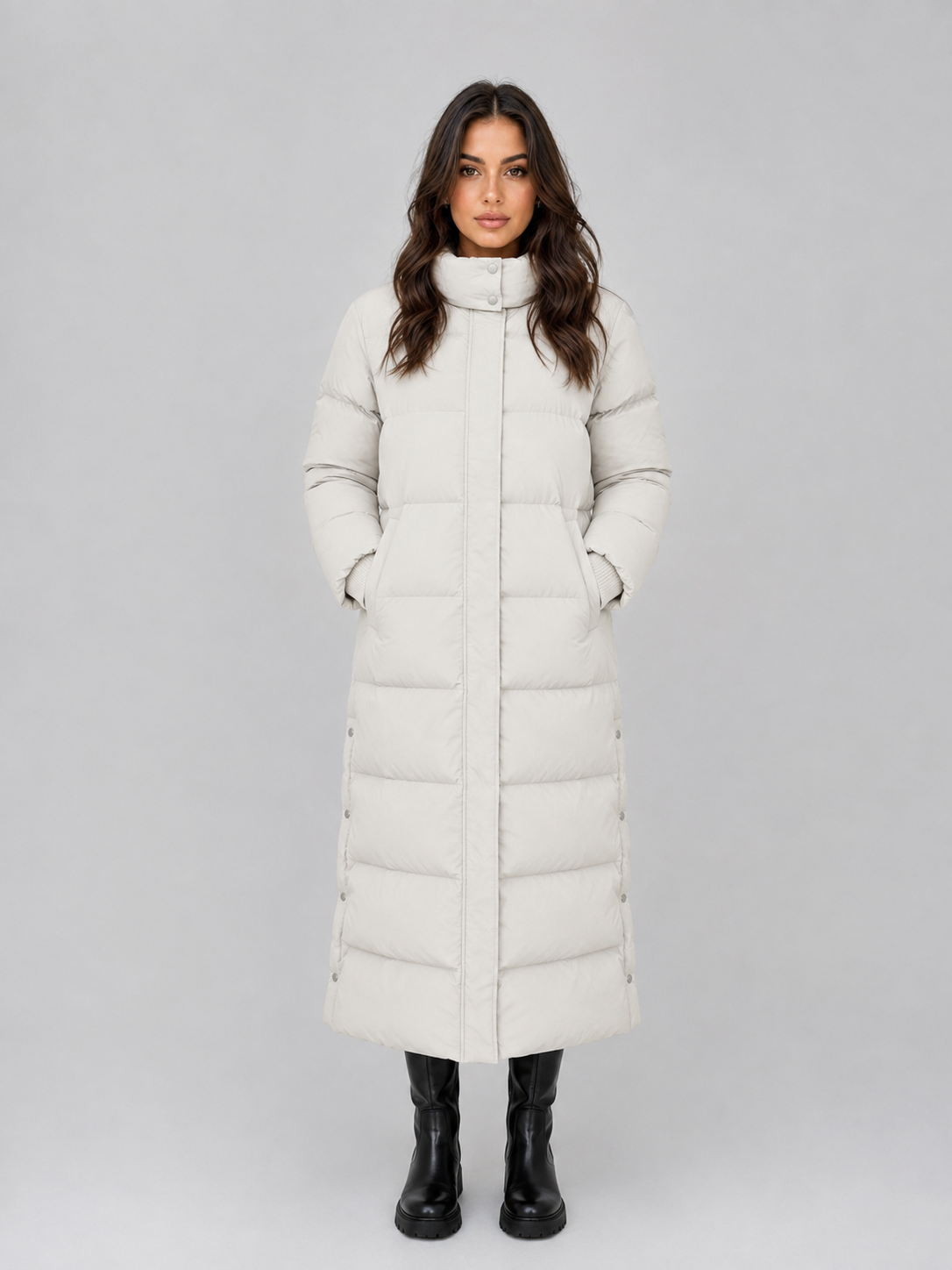 Cappotto Donna Imbottito Lungo con Cappuccio e Collo Alto