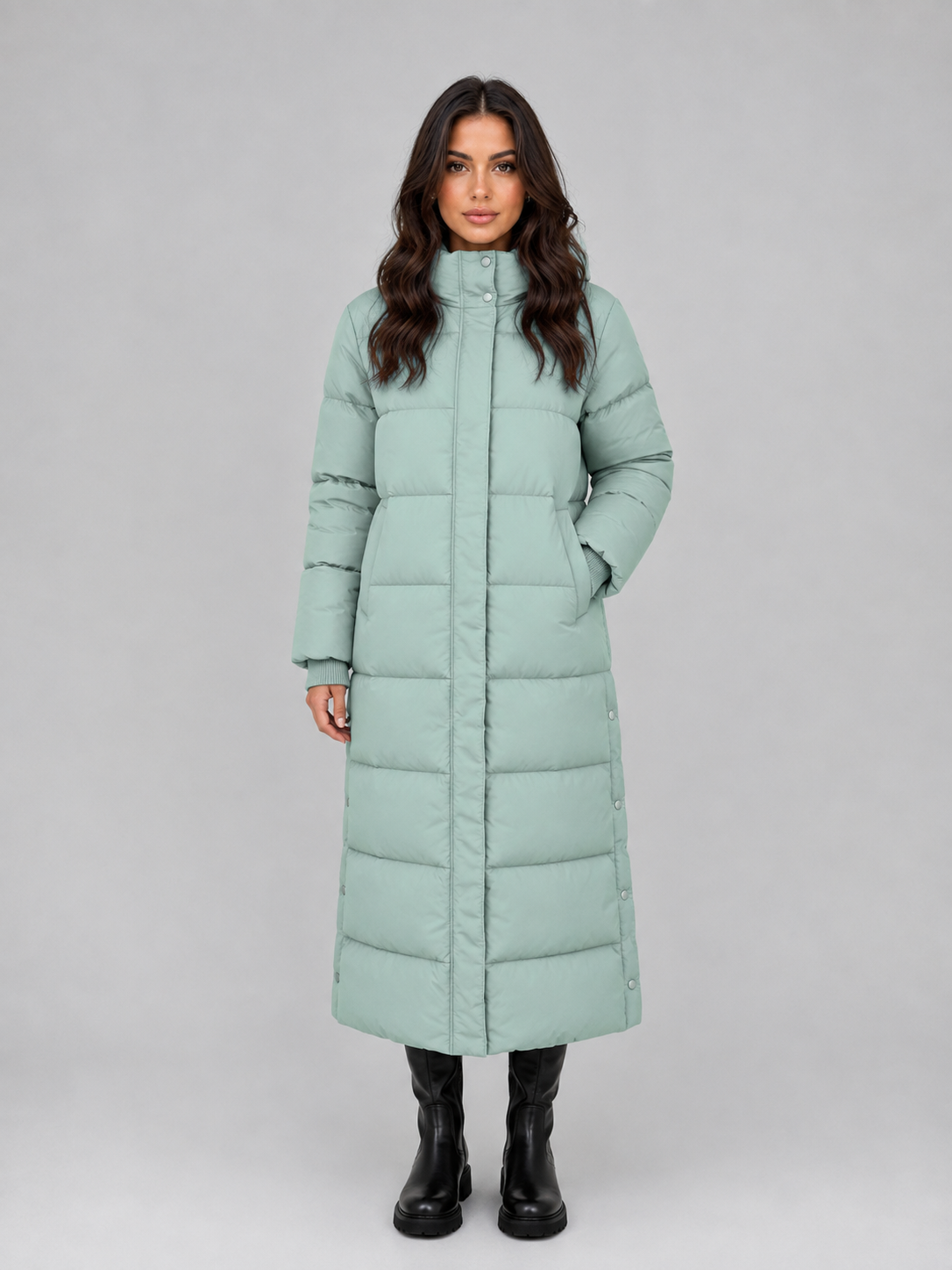 Cappotto Donna Imbottito Lungo con Cappuccio e Collo Alto