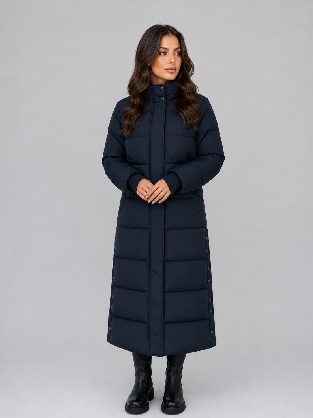 Cappotto Donna Imbottito Lungo con Cappuccio e Collo Alto