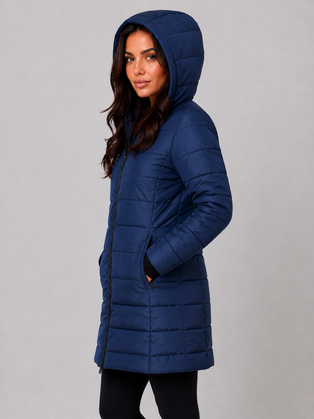 Giacca Donna Imbottita Lunga con Cappuccio e Zip Integrale