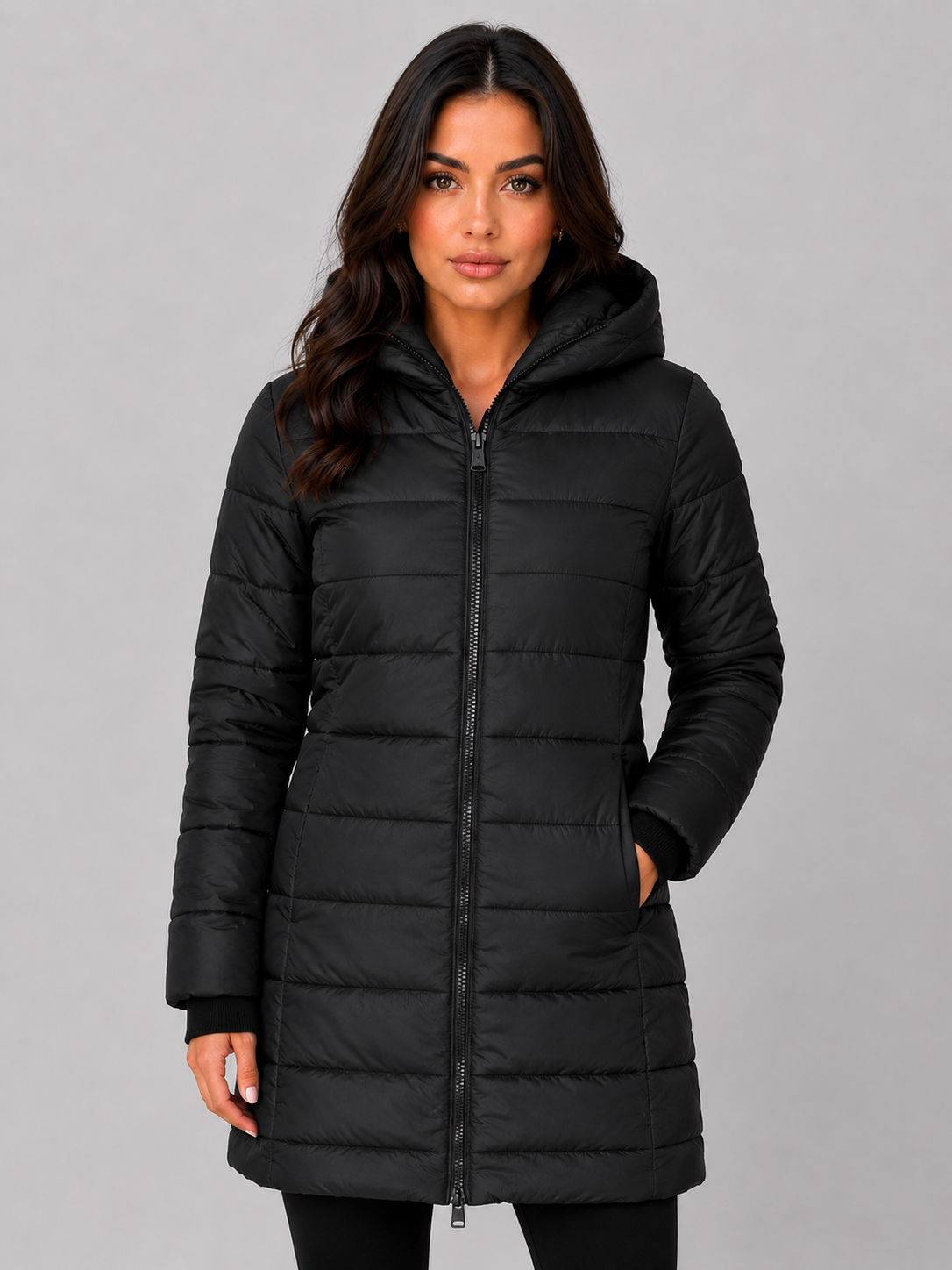 Giacca Donna Imbottita Lunga con Cappuccio e Zip Integrale