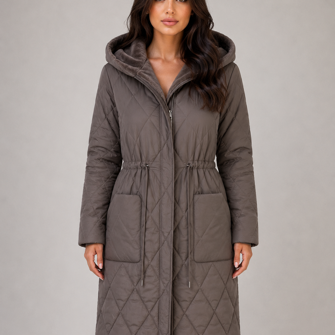 Cappotto Donna Trapuntato Lungo Collo in Pelliccia Sintetica