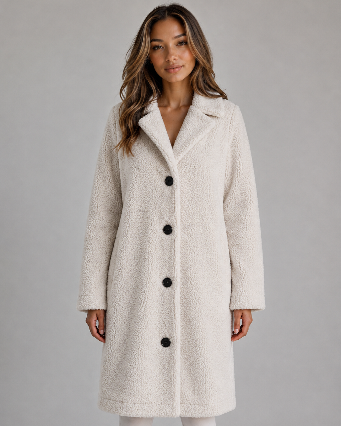 Cappotto Donna Teddy Lungo con Bottoni e Revers Oversize