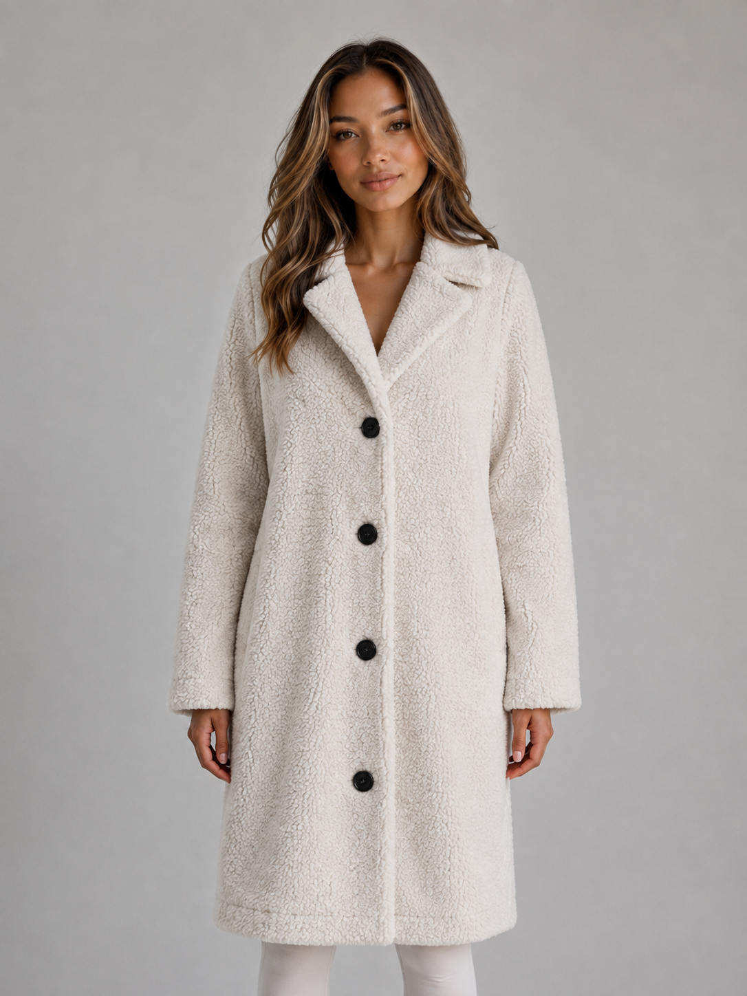 Cappotto Donna Teddy Lungo con Bottoni e Revers Oversize