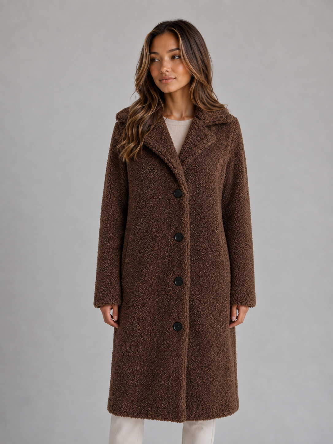 Cappotto Donna Teddy Lungo con Bottoni e Revers Oversize