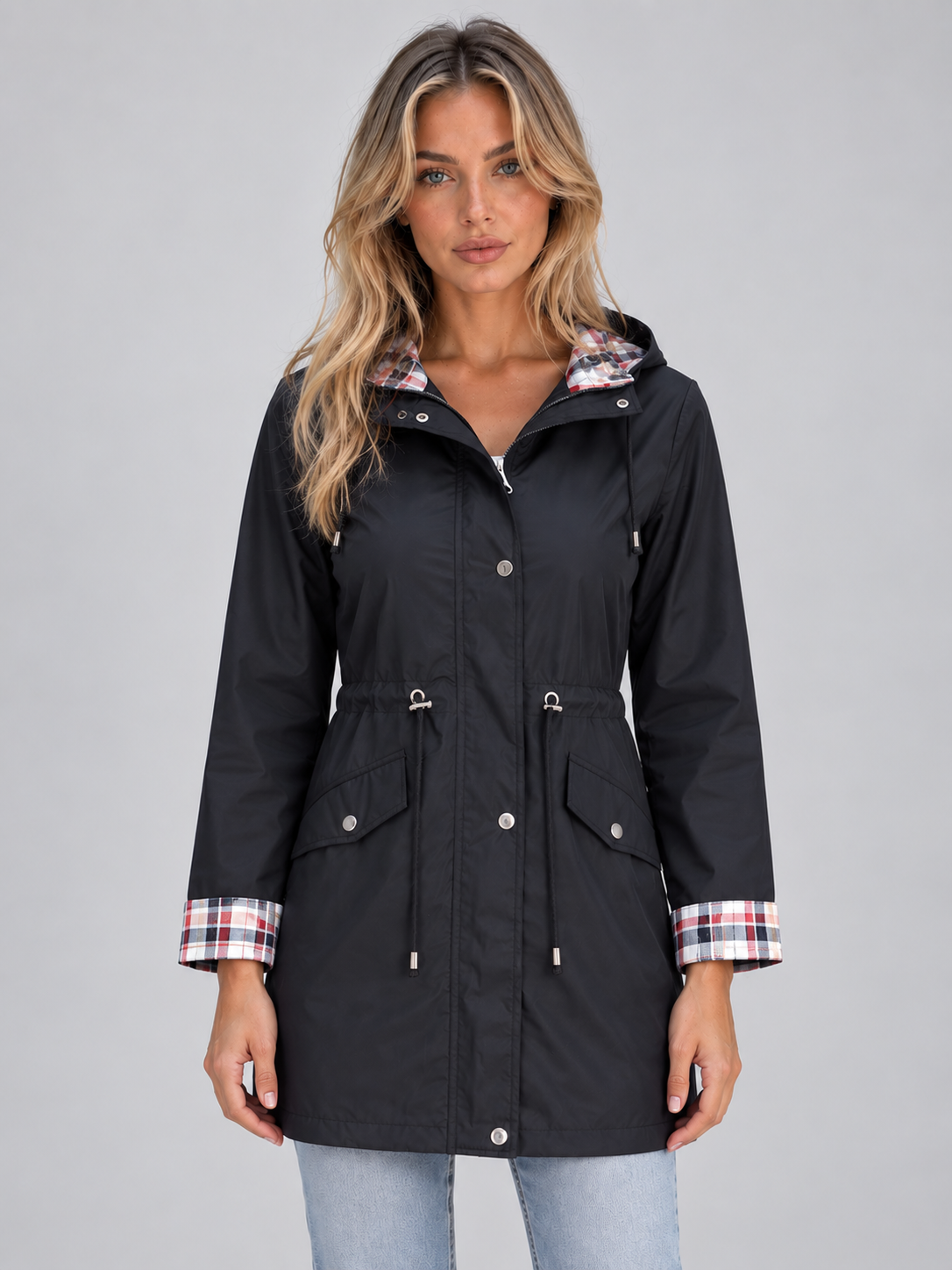 Parka Donna Antipioggia Lungo con Cappuccio a Quadri