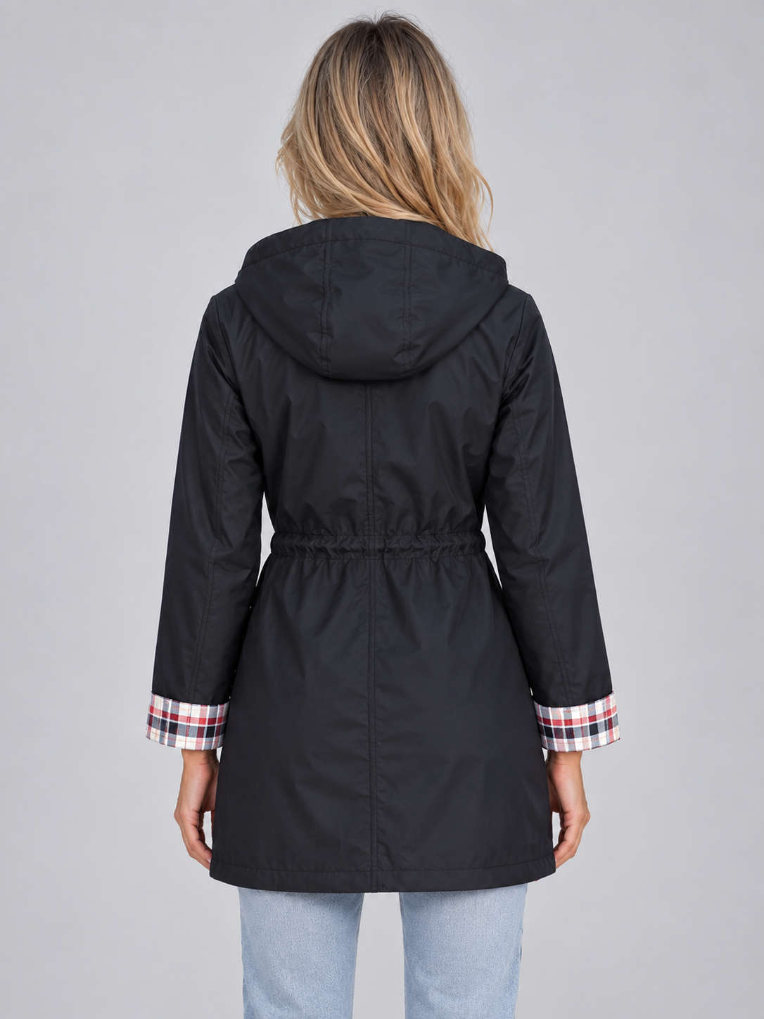 Parka Donna Antipioggia Lungo con Cappuccio a Quadri