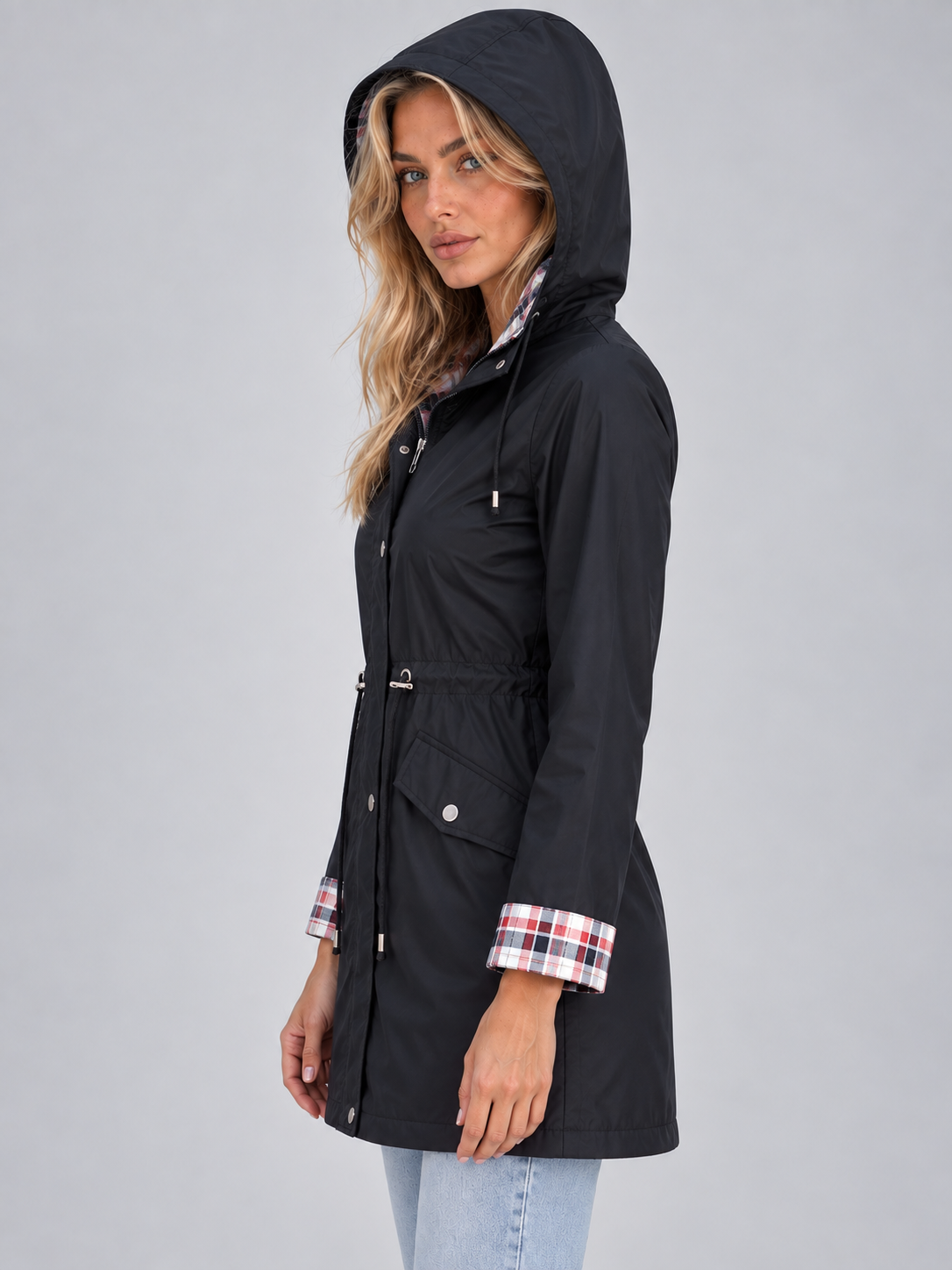 Parka Donna Antipioggia Lungo con Cappuccio a Quadri