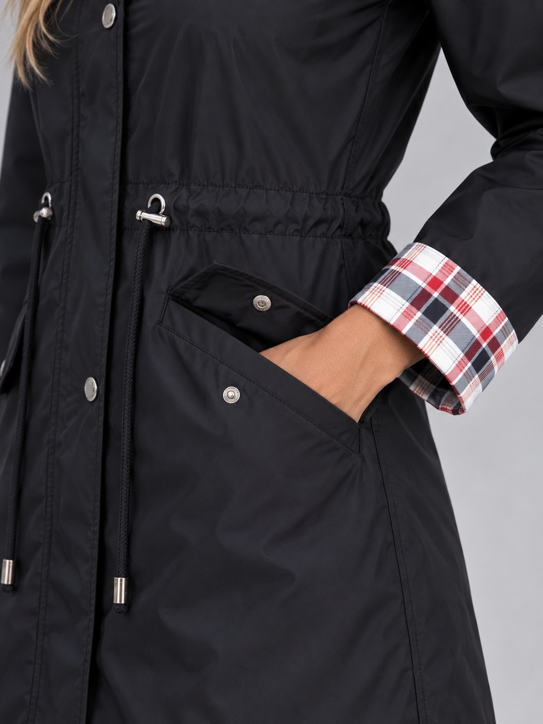 Parka Donna Antipioggia Lungo con Cappuccio a Quadri