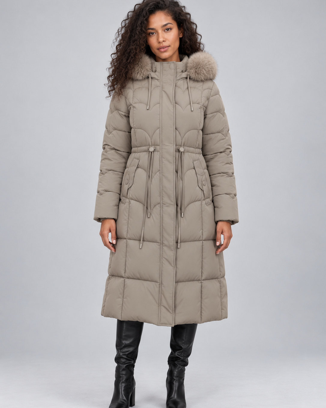 Cappotto Donna Trapuntato Lungo Cappuccio Pelliccia Staccabile