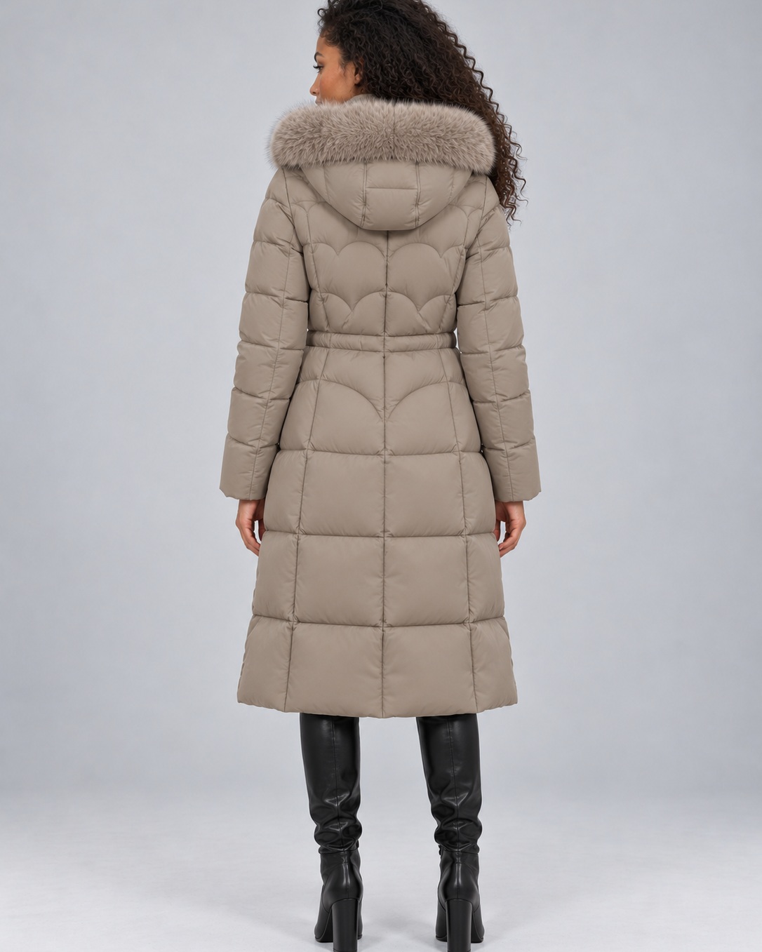 Cappotto Donna Trapuntato Lungo Cappuccio Pelliccia Staccabile