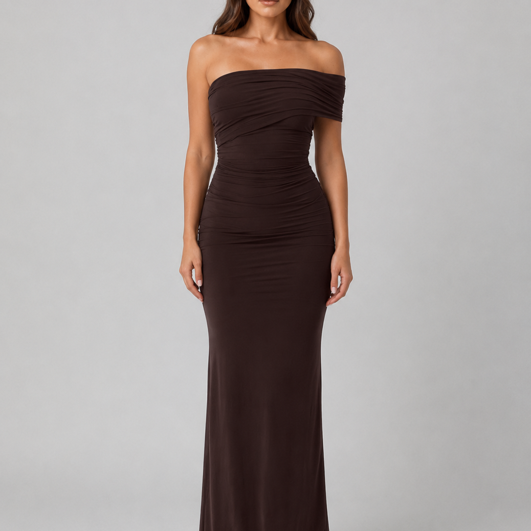 Abito Lungo Donna Monospalla Arricciato Marrone Elegante