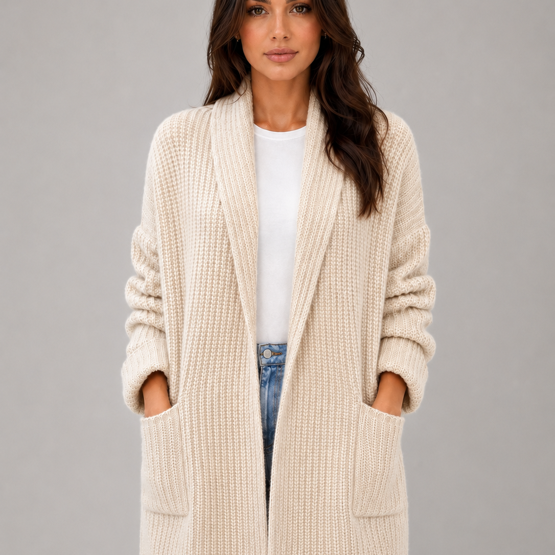 Cardigan Donna Lungo Aperto con Tasche e Collo a Scialle