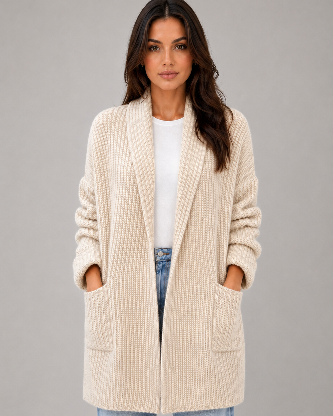 Cardigan Donna Lungo Aperto con Tasche e Collo a Scialle