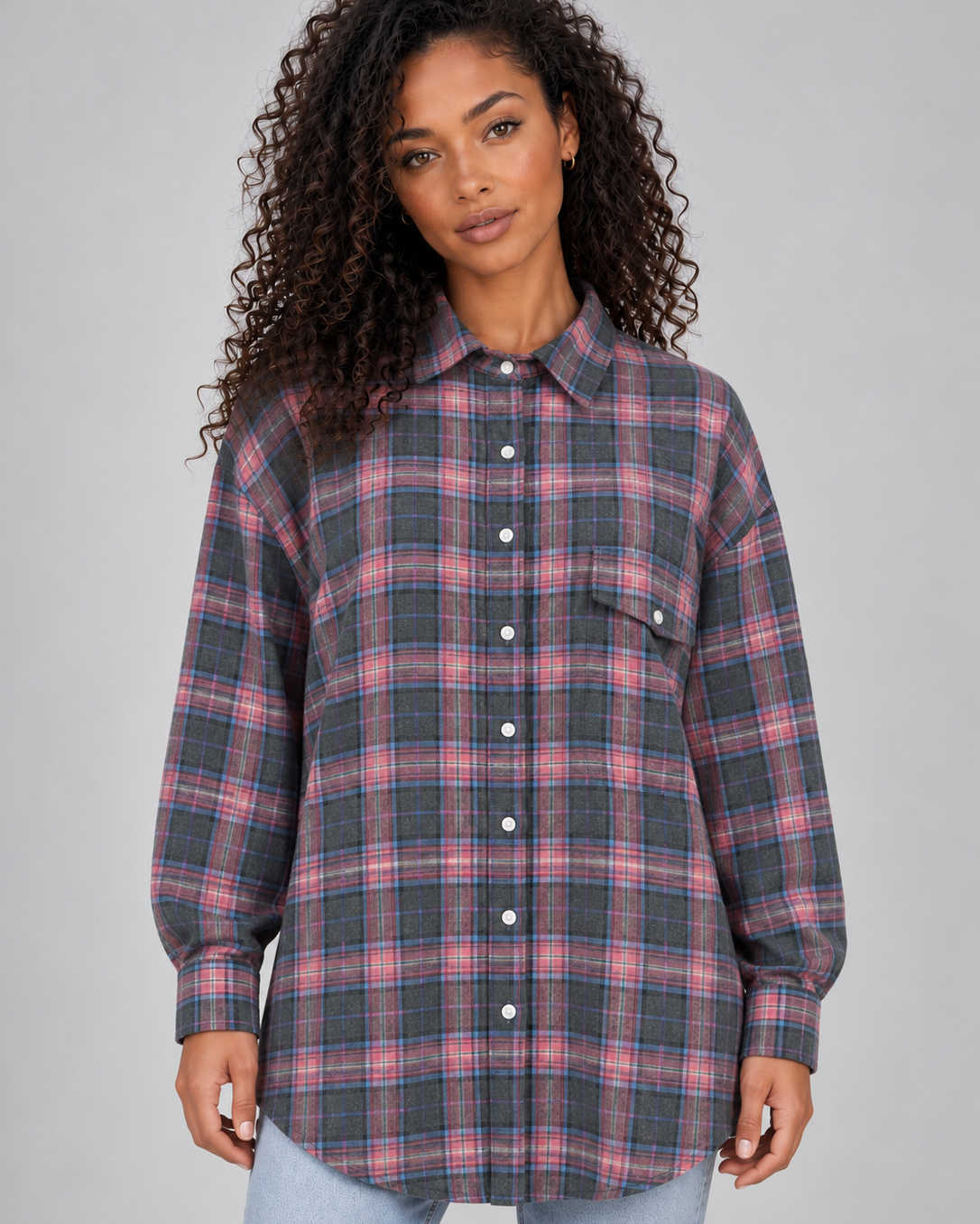 Camicia Donna Oversize a Quadri Lunga con Bottoni
