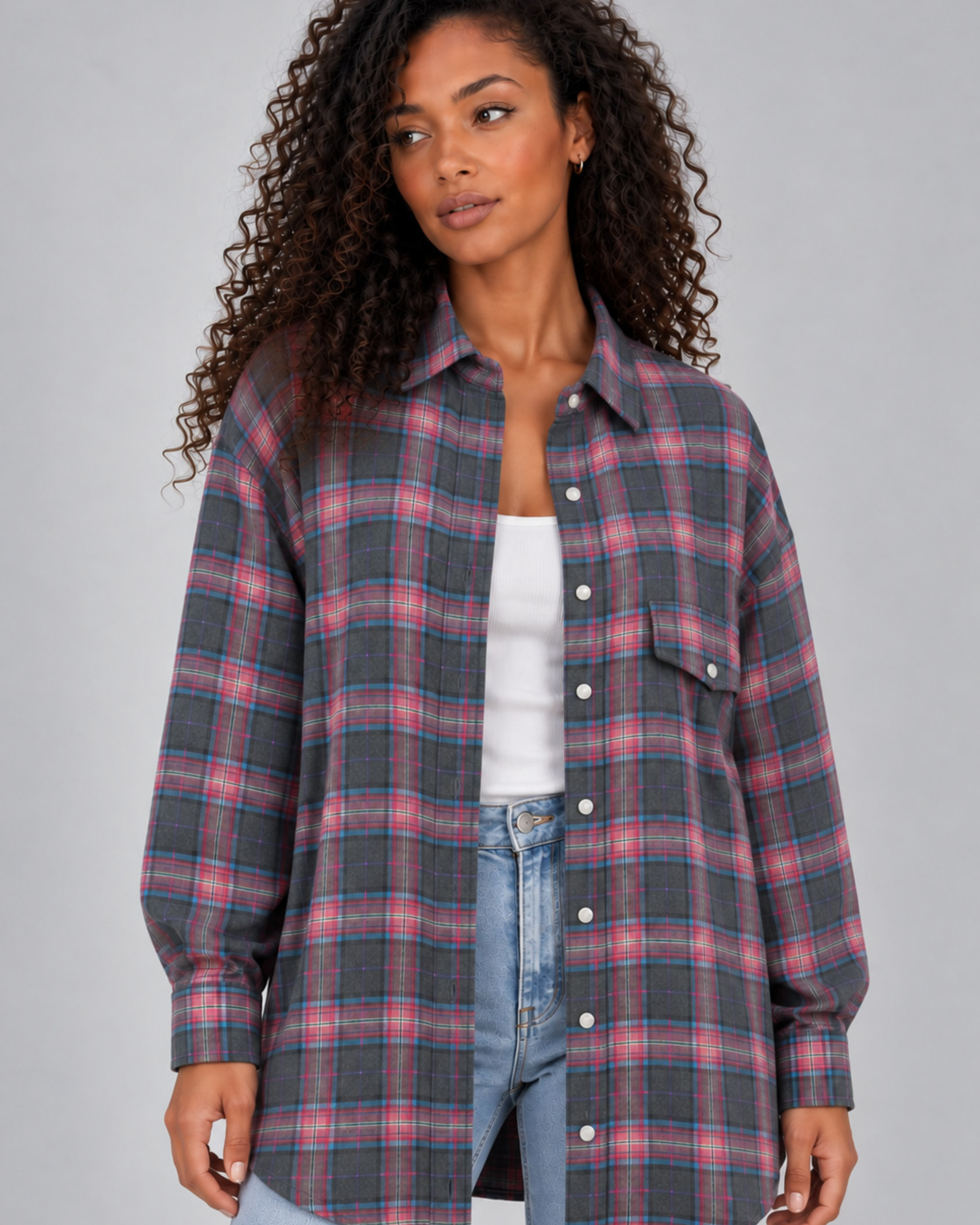 Camicia Donna Oversize a Quadri Lunga con Bottoni