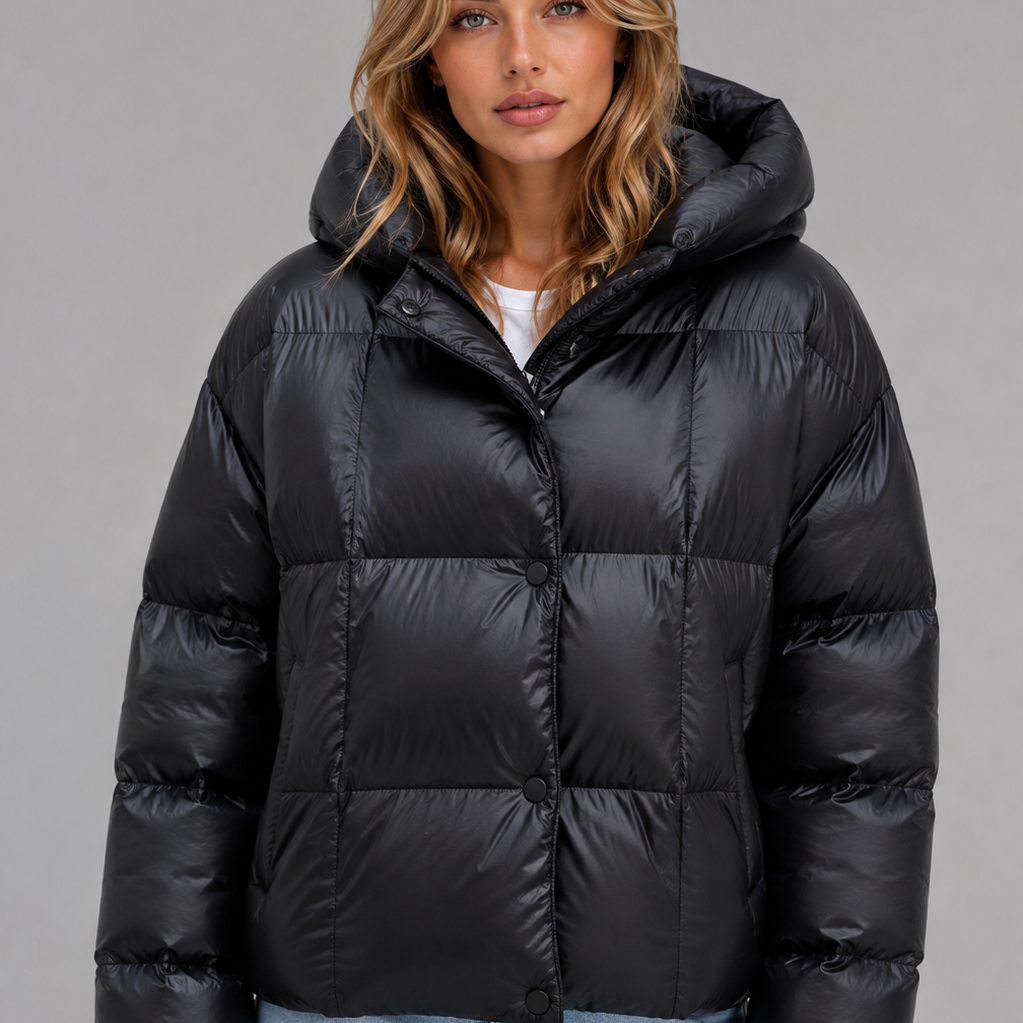 Giacca Donna Imbottita Oversize con Cappuccio e Collo Alto