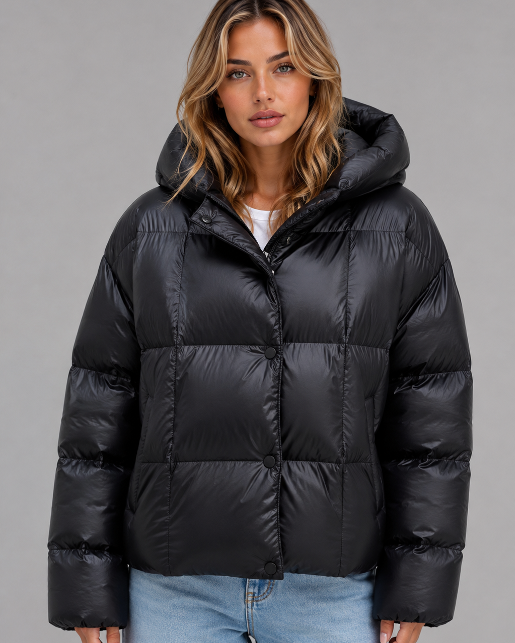 Giacca Donna Imbottita Oversize con Cappuccio e Collo Alto