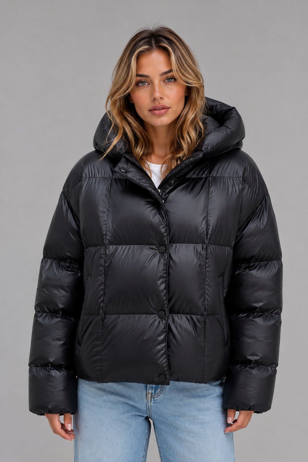 Giacca Donna Imbottita Oversize con Cappuccio e Collo Alto