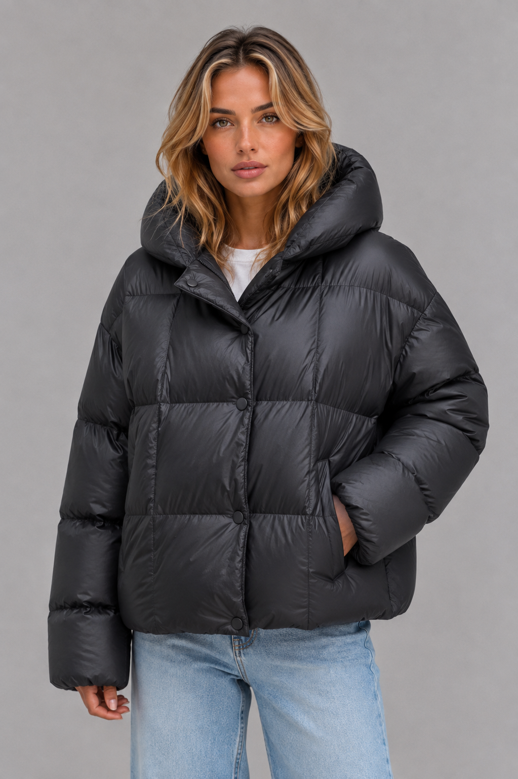 Giacca Donna Imbottita Oversize con Cappuccio e Collo Alto
