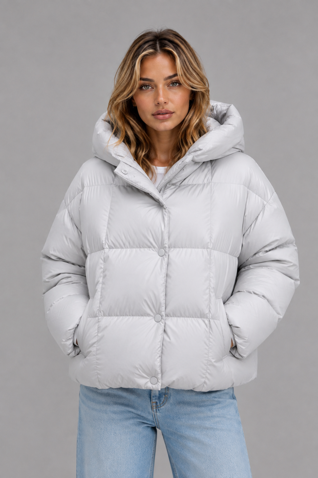 Giacca Donna Imbottita Oversize con Cappuccio e Collo Alto