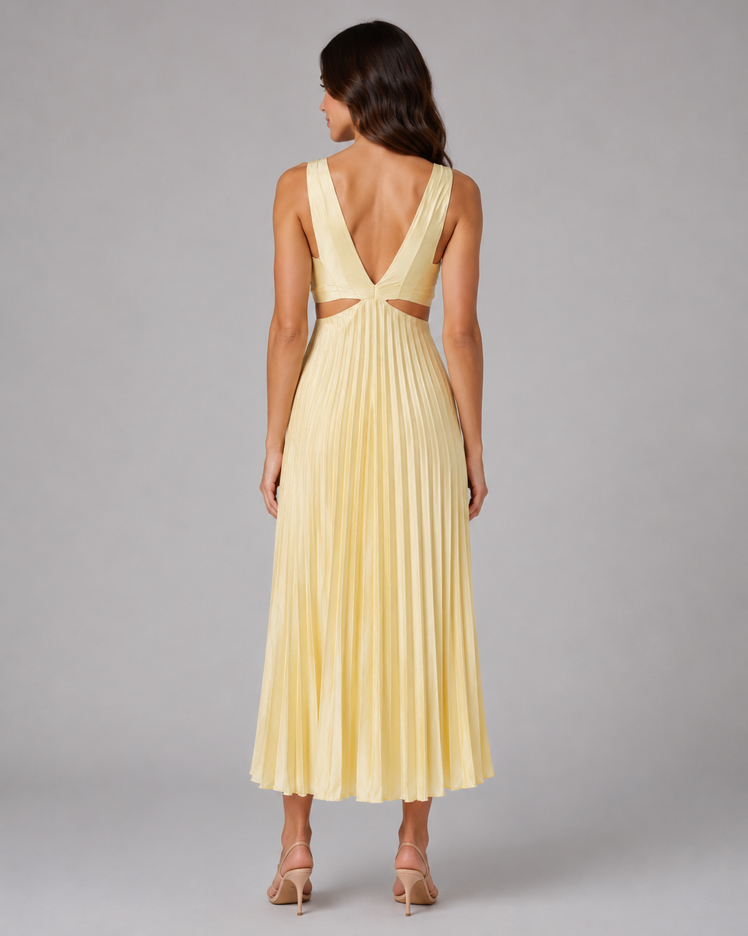 Abito Midi Donna Plissettato Cut-Out Scollo a V Arricciato