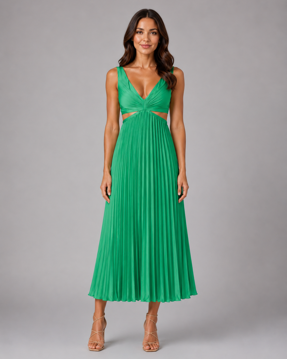 Abito Midi Donna Plissettato Cut-Out Scollo a V Arricciato