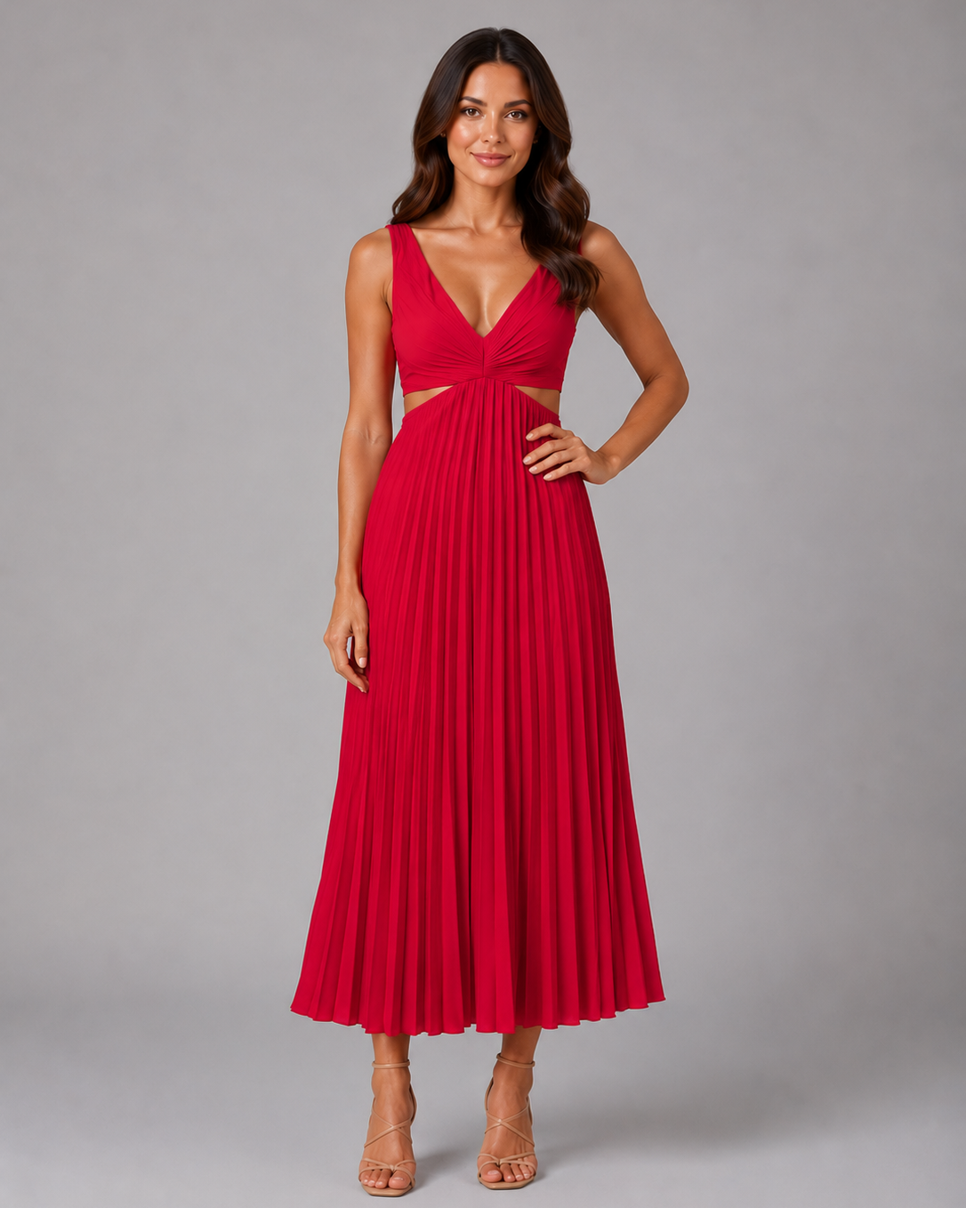 Abito Midi Donna Plissettato Cut-Out Scollo a V Arricciato