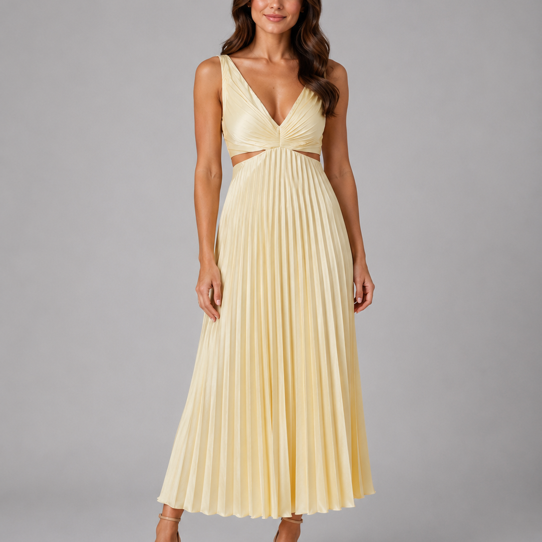 Abito Midi Donna Plissettato Cut-Out Scollo a V Arricciato