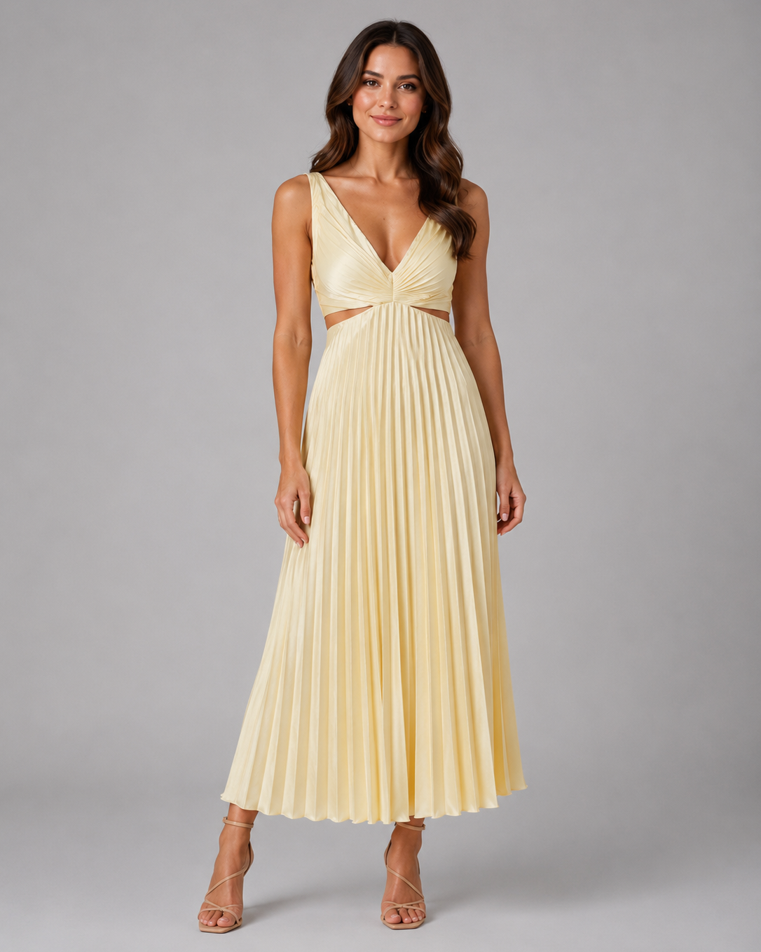 Abito Midi Donna Plissettato Cut-Out Scollo a V Arricciato
