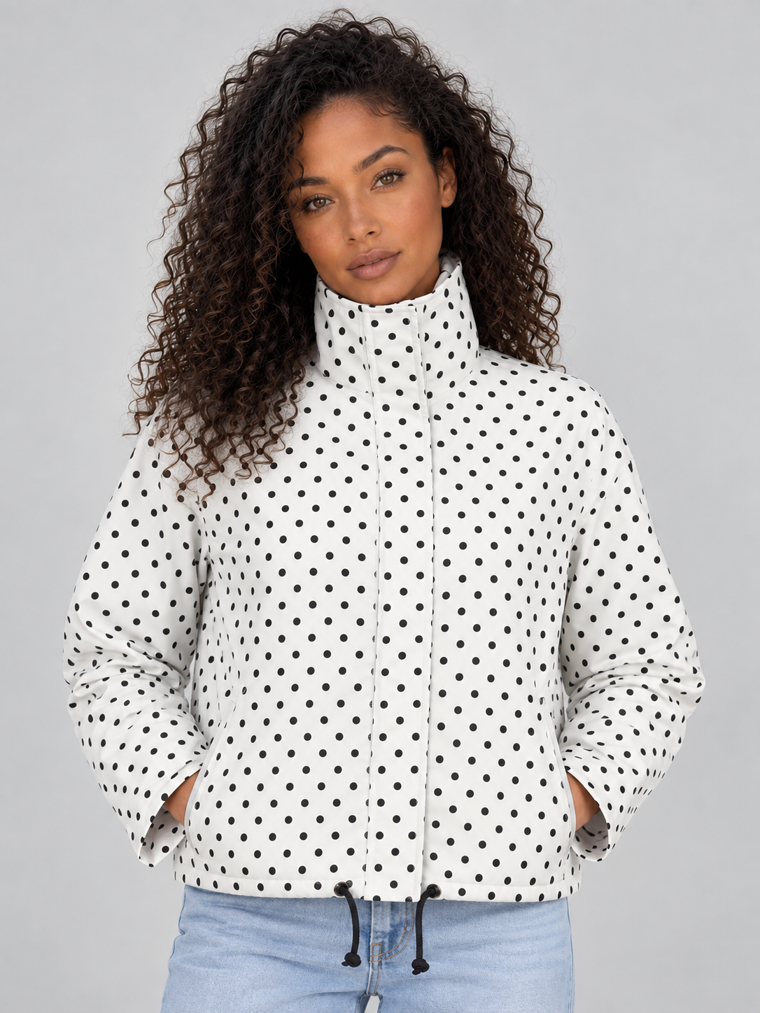 Giacca Donna Corta a Pois con Zip Collo Alto e Coulisse