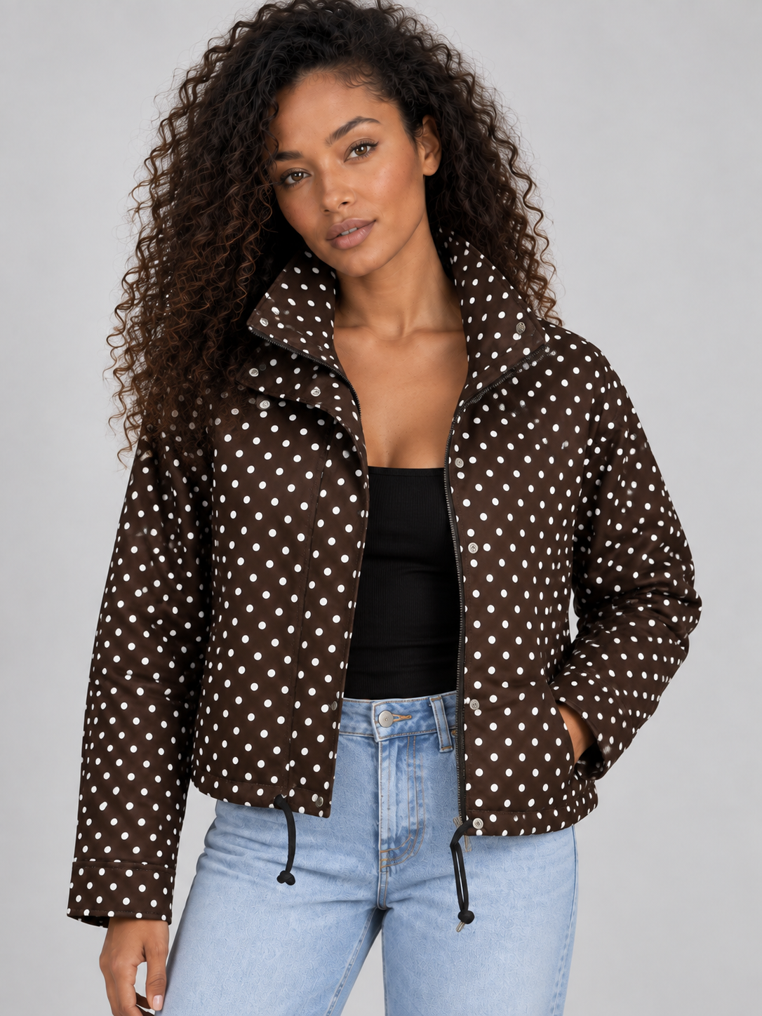 Giacca Donna Corta a Pois con Zip Collo Alto e Coulisse