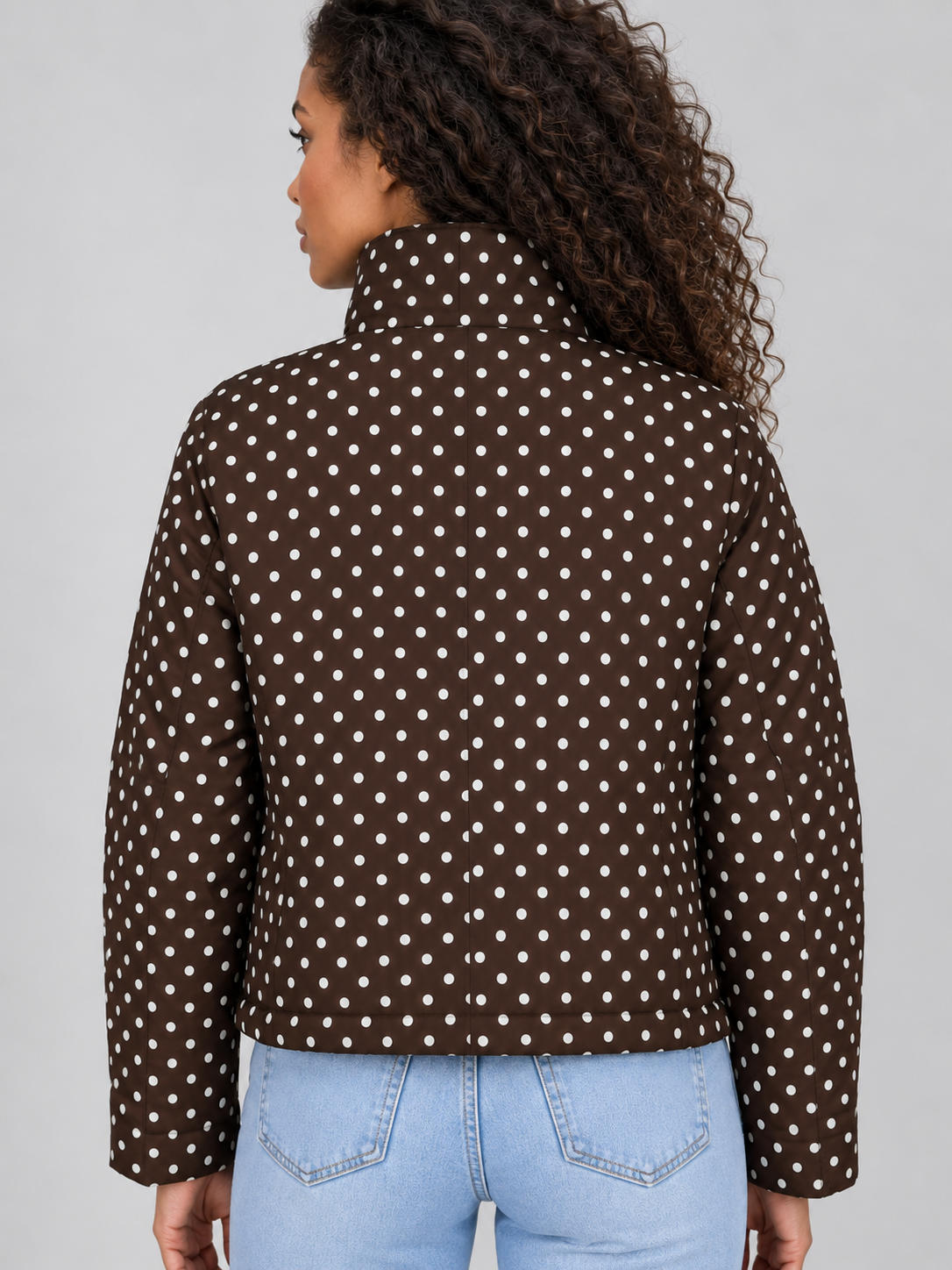 Giacca Donna Corta a Pois con Zip Collo Alto e Coulisse